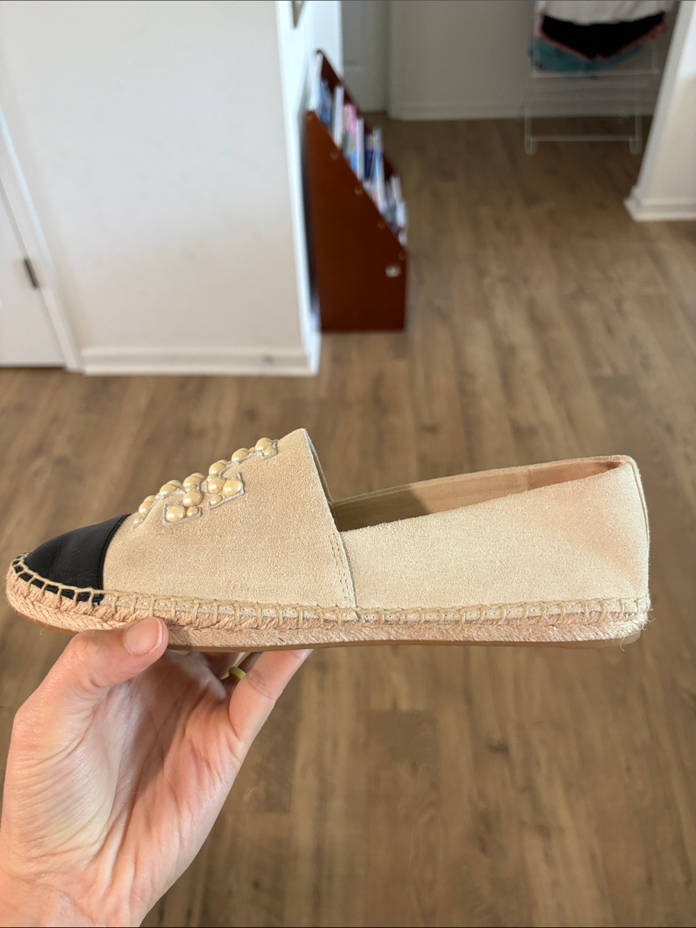 Tory Burch Pearl-Embellished Espadrille Slip-On in Dulce De Leche and Black - Picture 3 of 5